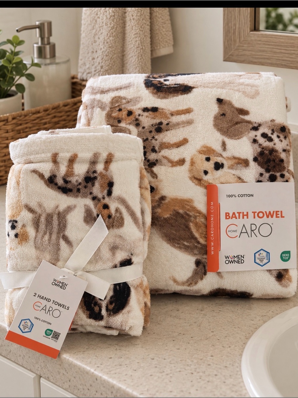 Caro Cream & Brown Dog Print Cotton Bath Towel